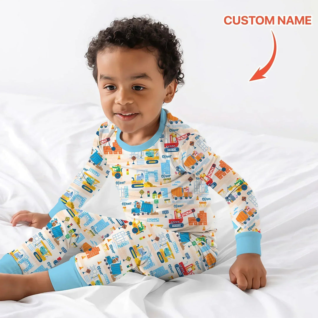 Little Builder Friends Custom Name Bamboo Two Piece Long Sleeve Pajama Set