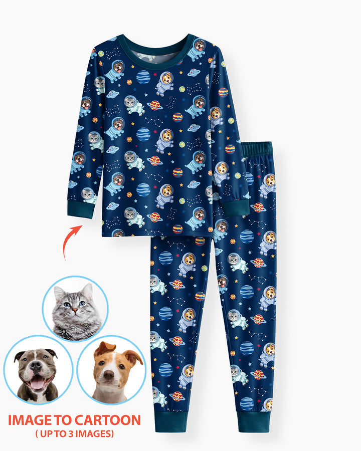 Astronaut Custom Pet Image Family Matching Bamboo Two Piece Long Sleeve Pajama Set
