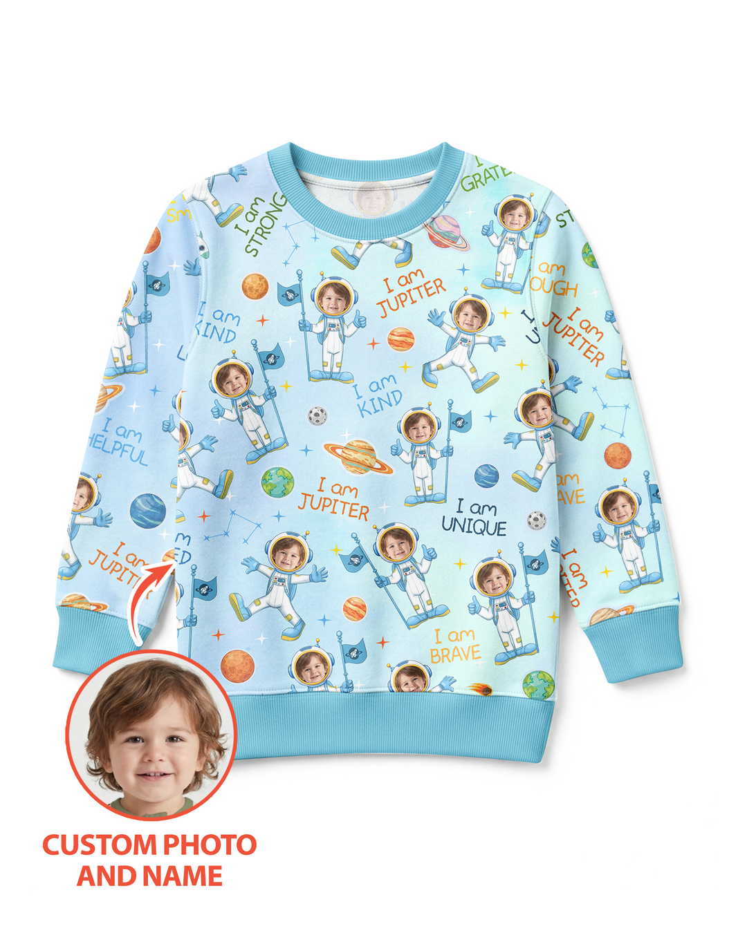 Custom Photo Kid Affirmations I Am Kind Astronaut Bamboo Crewneck Sweatshirt