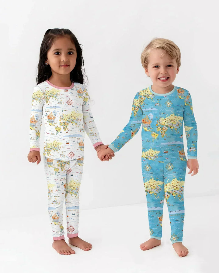 Whimsical World Map Family Matching Bamboo Two Piece Long Sleeve Pajama Set
