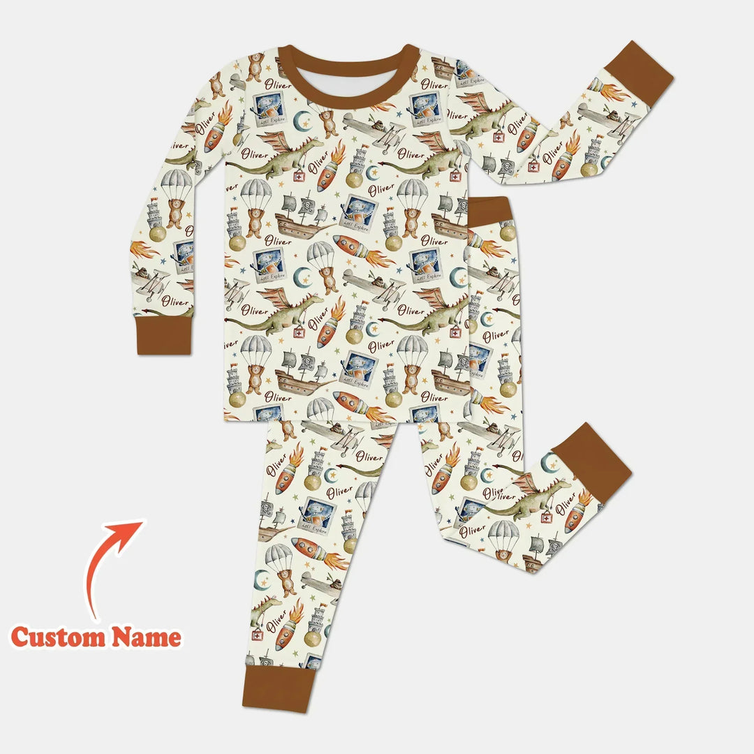 Adventure Dreams Custom Name Bamboo Two Piece Long Sleeve Pajama Set