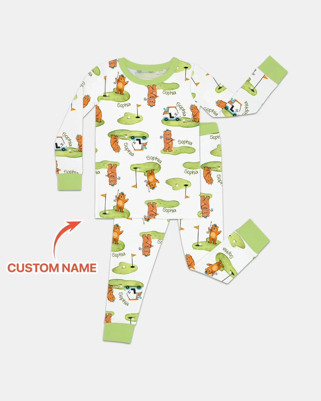 Custom Name Little Bear Golf Club Bamboo Two Piece Long Sleeve Pajama Set