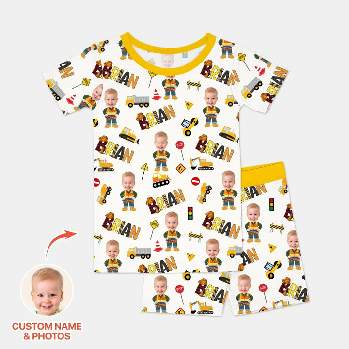 Custom Photo Doodle Little Builder Bamboo Two Piece Short Sleeve Shorts Pajama Set
