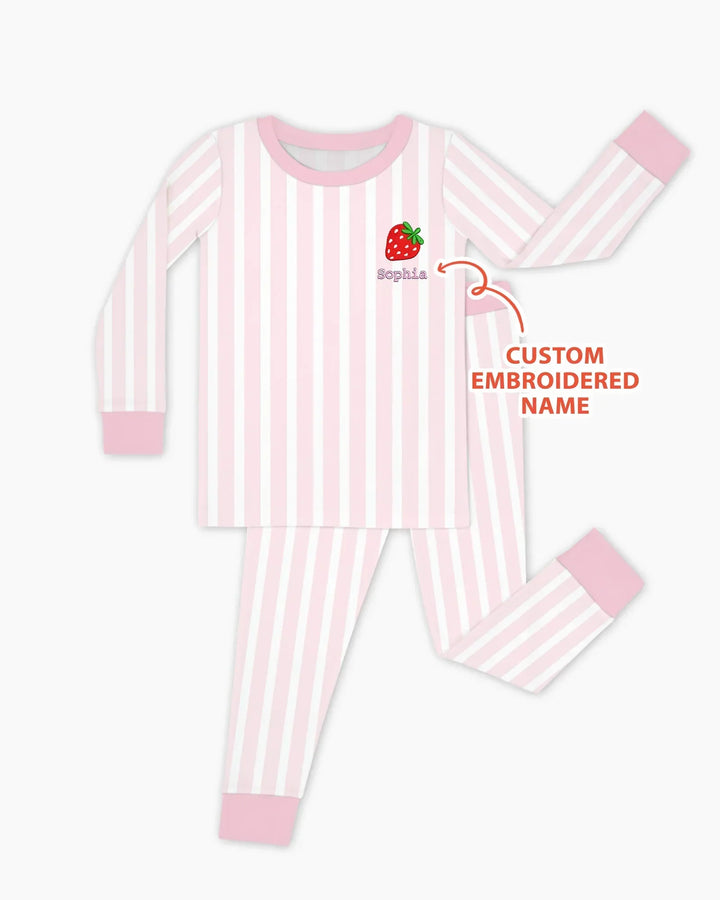 Personalized Embroidered Pink Stripes Baby Bamboo Two Piece Long Sleeve Pajama Set