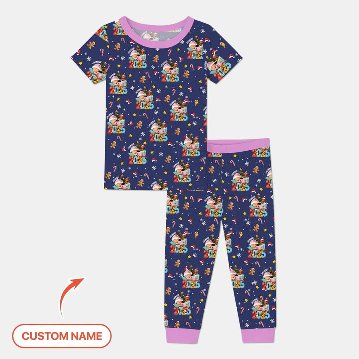 Custom Name Baby Girl's First Christmas Bamboo Two Piece Short Sleeve Pajama Set