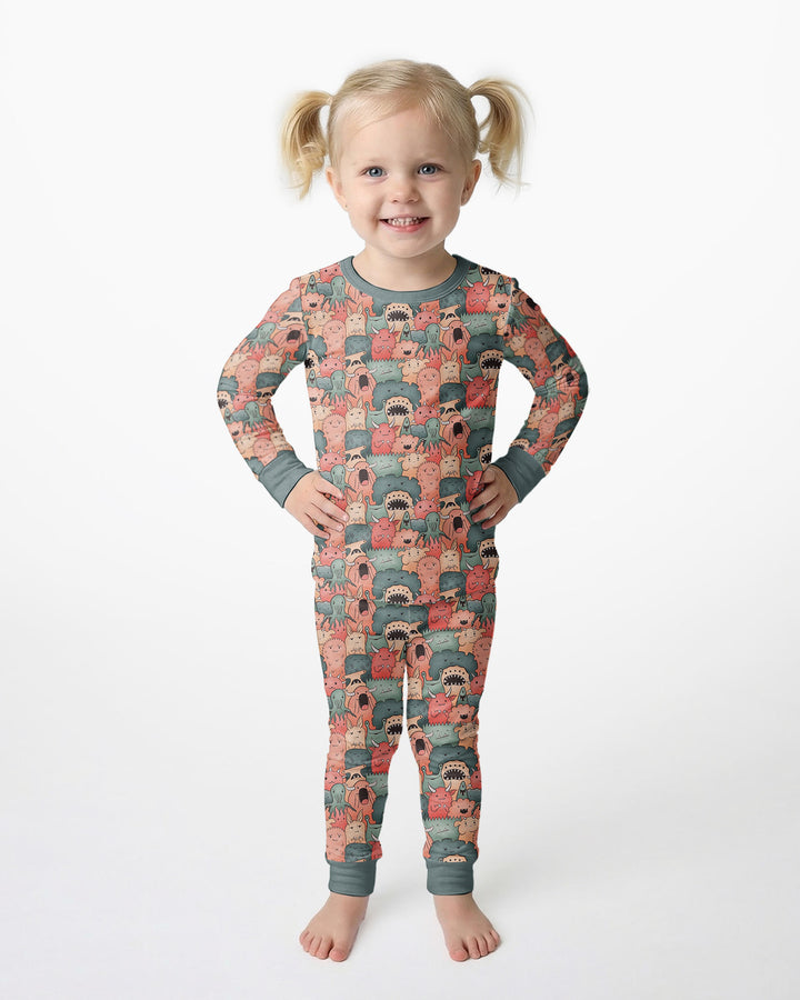 Cute Monster Crowd Bamboo Two Piece Long Sleeve Pajama Set