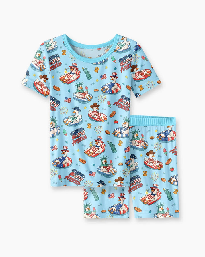 250 America Patriotic Goose Family Matching Bamboo Two Piece Short Sleeve Shorts Pajama Set