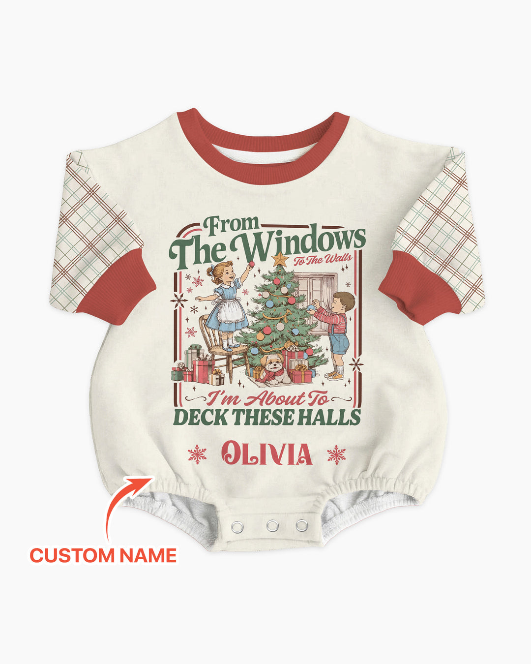 Custom Name Vintage Deck The Halls Bamboo Bubble Romper