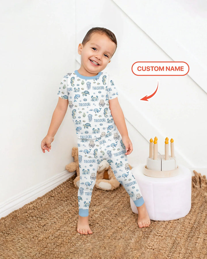 Custom Name Ocean Friends Bamboo Two Piece Short Sleeve Pajama Set