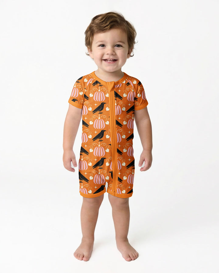 Ravens in a Pumpkin Patch - Orange Pink Bamboo Shorty Zippy