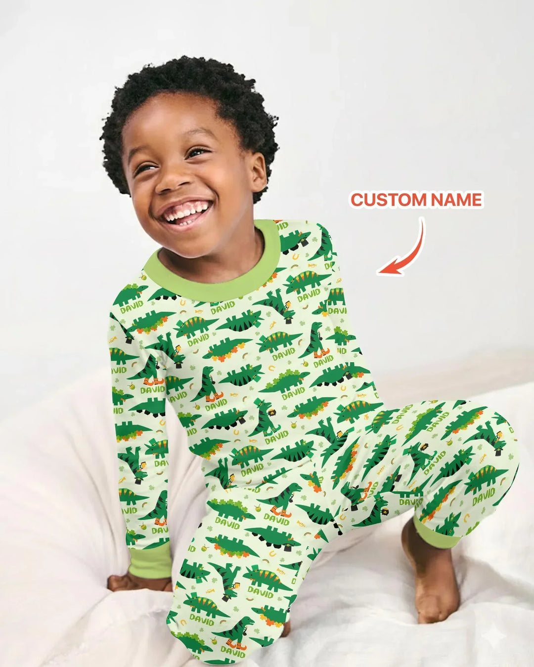 Custom Name St. Patrick's Day Dinosaurs Bamboo Two Piece Long Sleeve Pajama Set