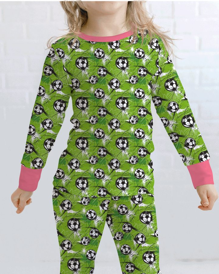 Green Soccer Energy Bamboo Two Piece Long Sleeve Pajama Set