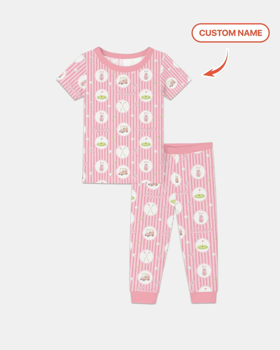 Custom Name Pink Golf Girl Bamboo Two Piece Short Sleeve Pajama Set