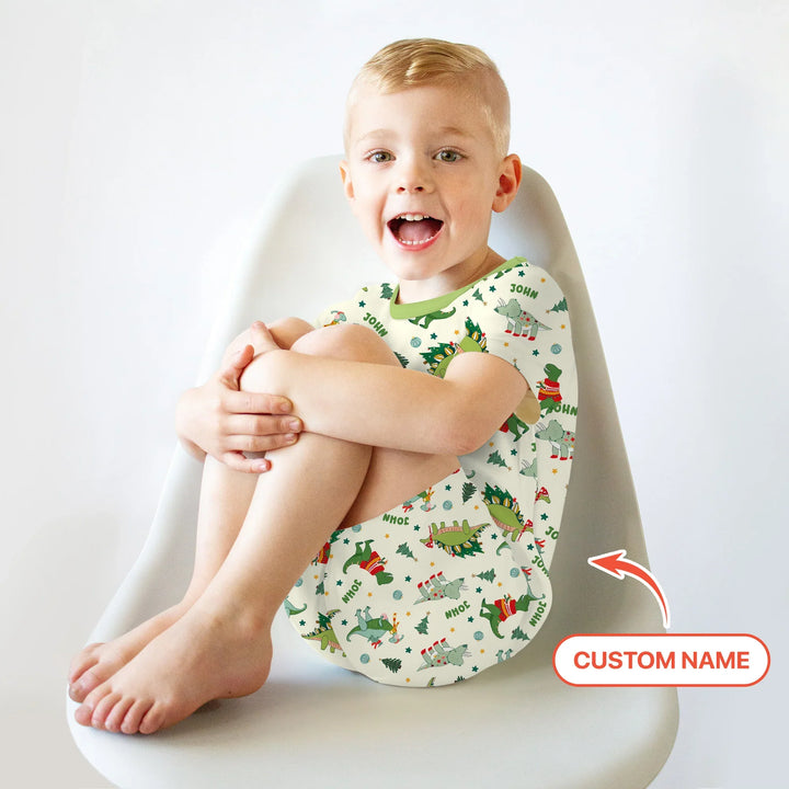 Custom Name Dinosaurs Christmas Tree Bamboo Two Piece Short Sleeve Shorts Pajama Set
