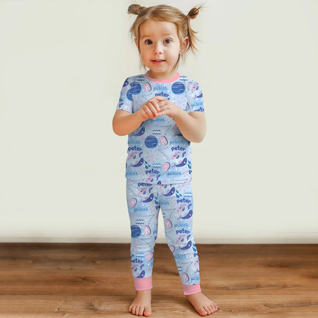 Custom Name Zodiac Pisces Bamboo Two Piece Short Sleeve Pajama Set