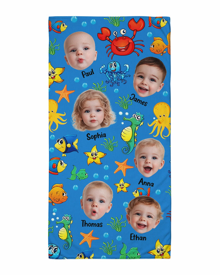 Custom Photo Cute Kid Face Watercolor Sea Creatures Summery Bamboo Beach Towel