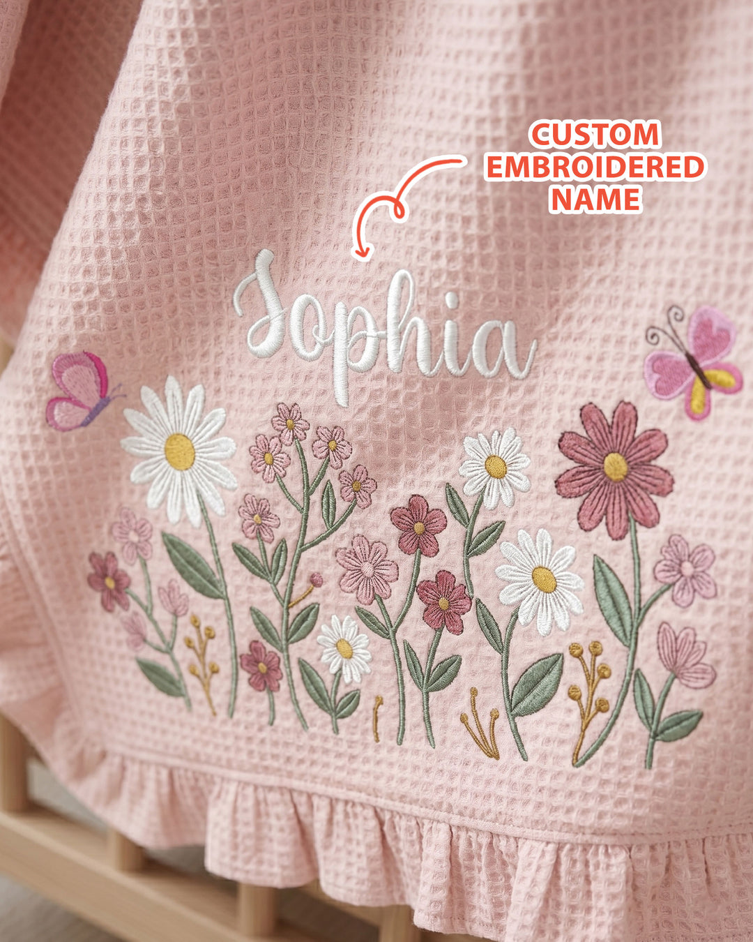 Custom Name With Flower Embroidered Waffle Ruffle Bamboo Blanket