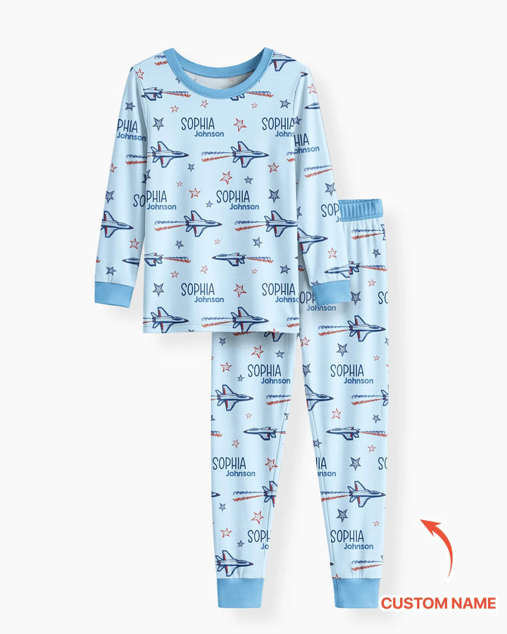 Patriotic American Flag Jet Fighter Bamboo Two Piece Long Sleeve Pajama Set