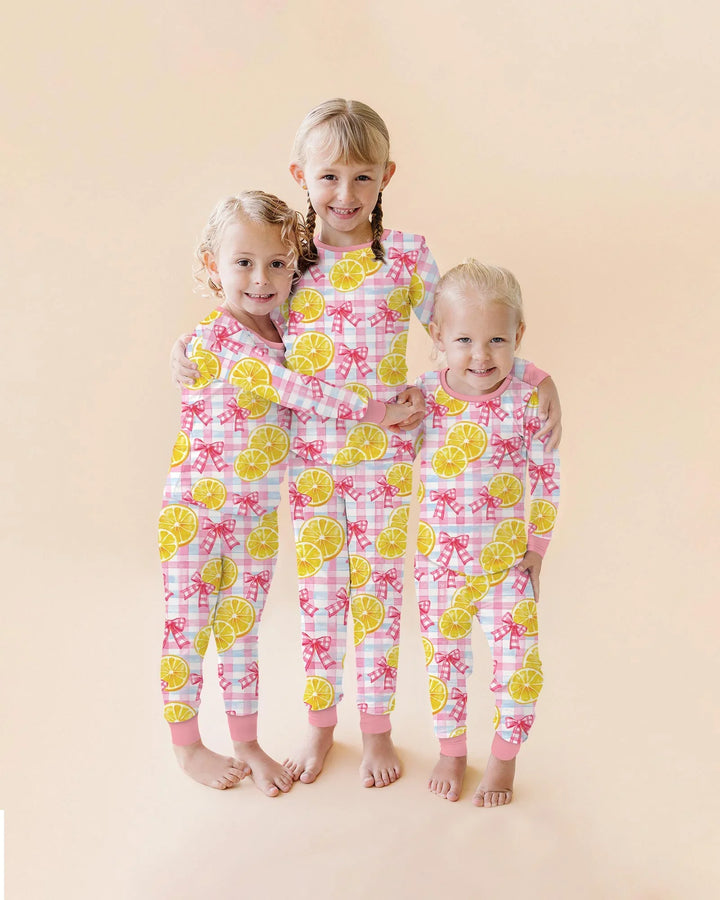 Pink Lemons Bows Checkered Bamboo Two Piece Long Sleeve Pajama Set