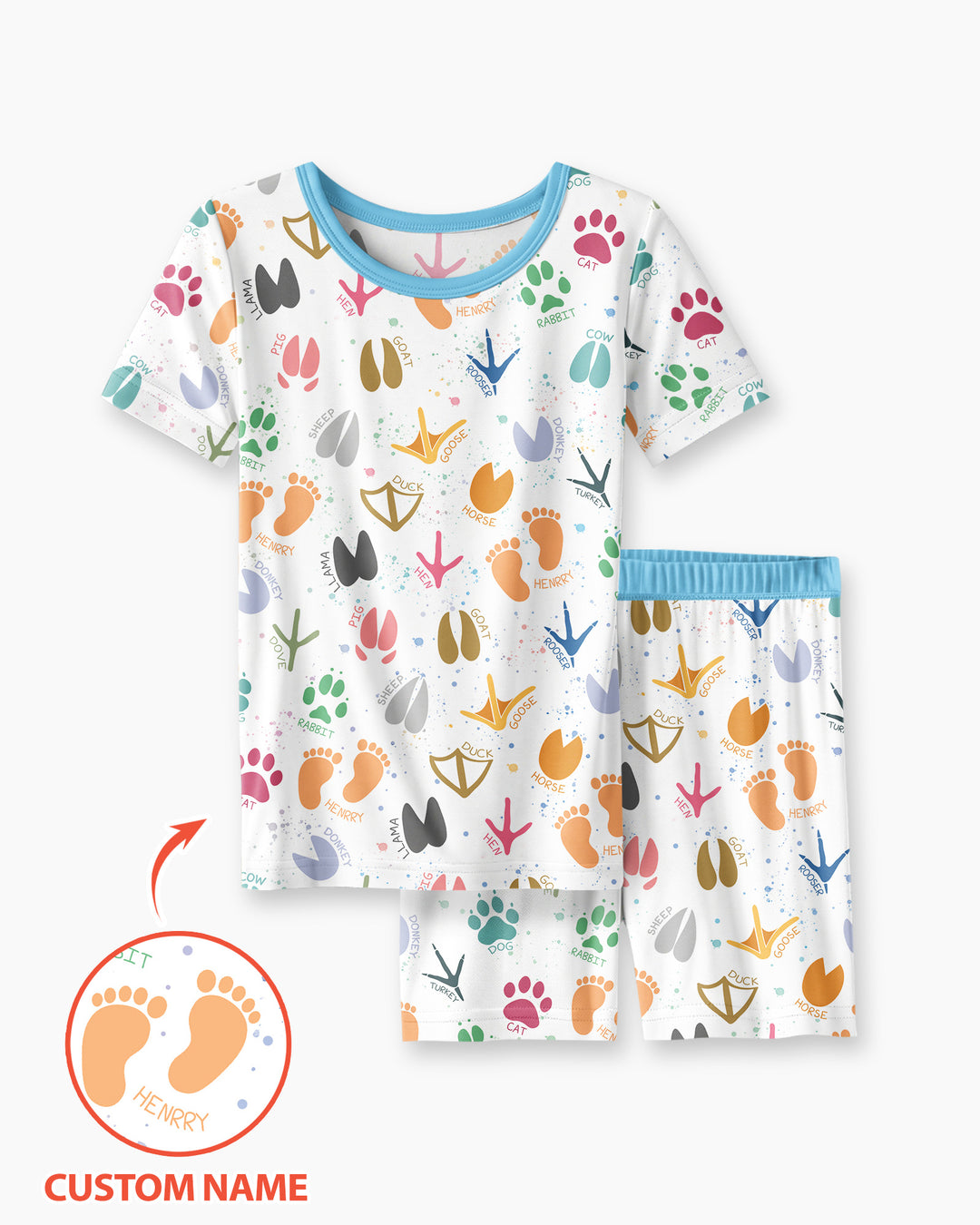 Cute Farm Animal Tracks Custom Name Bamboo Two Piece Short Sleeve Shorts Pajama Set