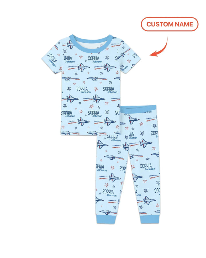 Patriotic American Flag Jet Fighter Bamboo Two Piece Short Sleeve Pajama Set