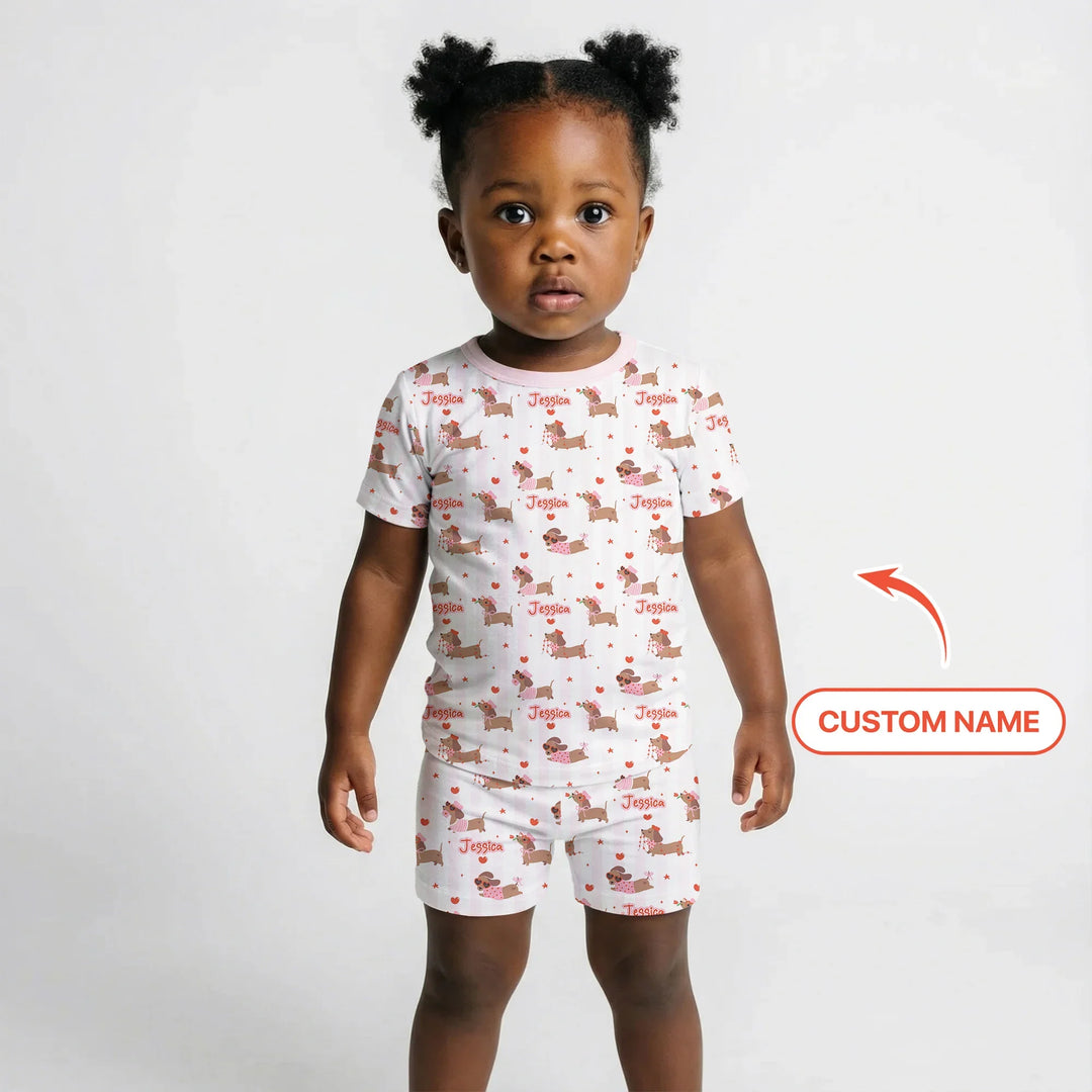 Custom Name Valentine Dachshund Family Matching Bamboo Two Piece Short Sleeve Shorts Pajama Set