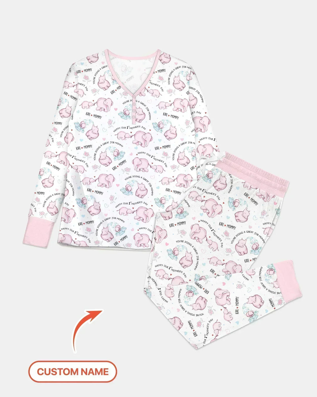 Custom Name Mother & Baby Elephant Bamboo Women Pajama Set