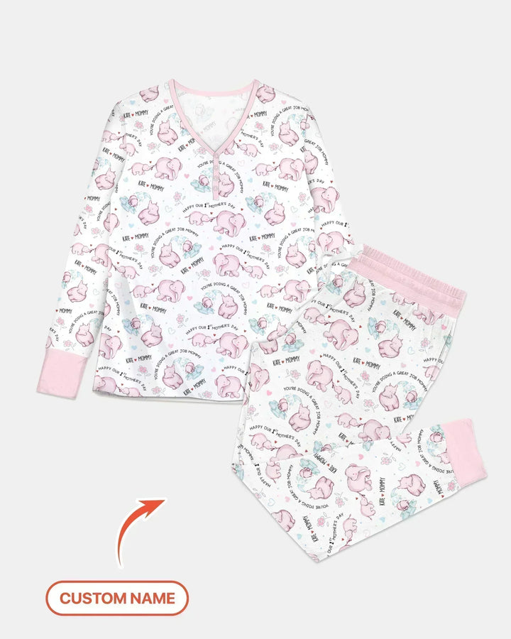 Custom Name Mother & Baby Elephant Bamboo Women Pajama Set