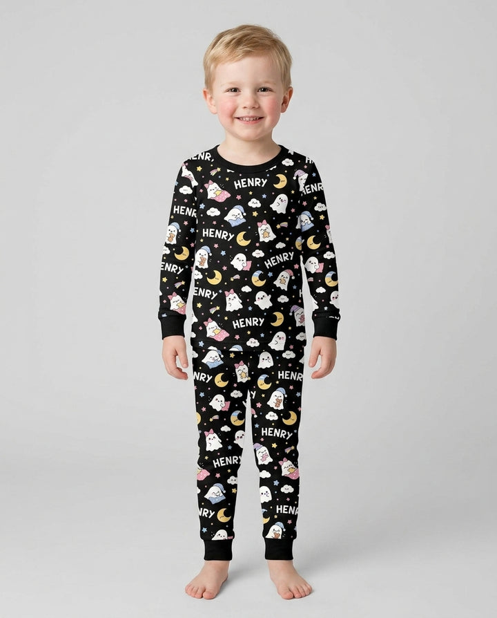 Sweet Dreams Cute Ghost Custom Name Bamboo Two Piece Long Sleeve Pajama Set