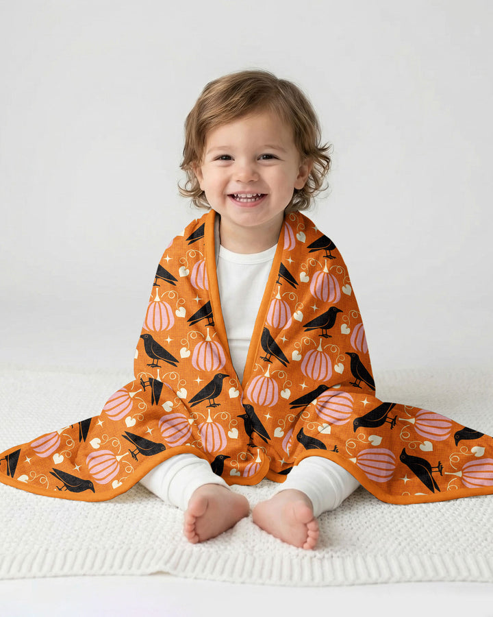 Ravens in a Pumpkin Patch - Orange Pink Bamboo Blanket