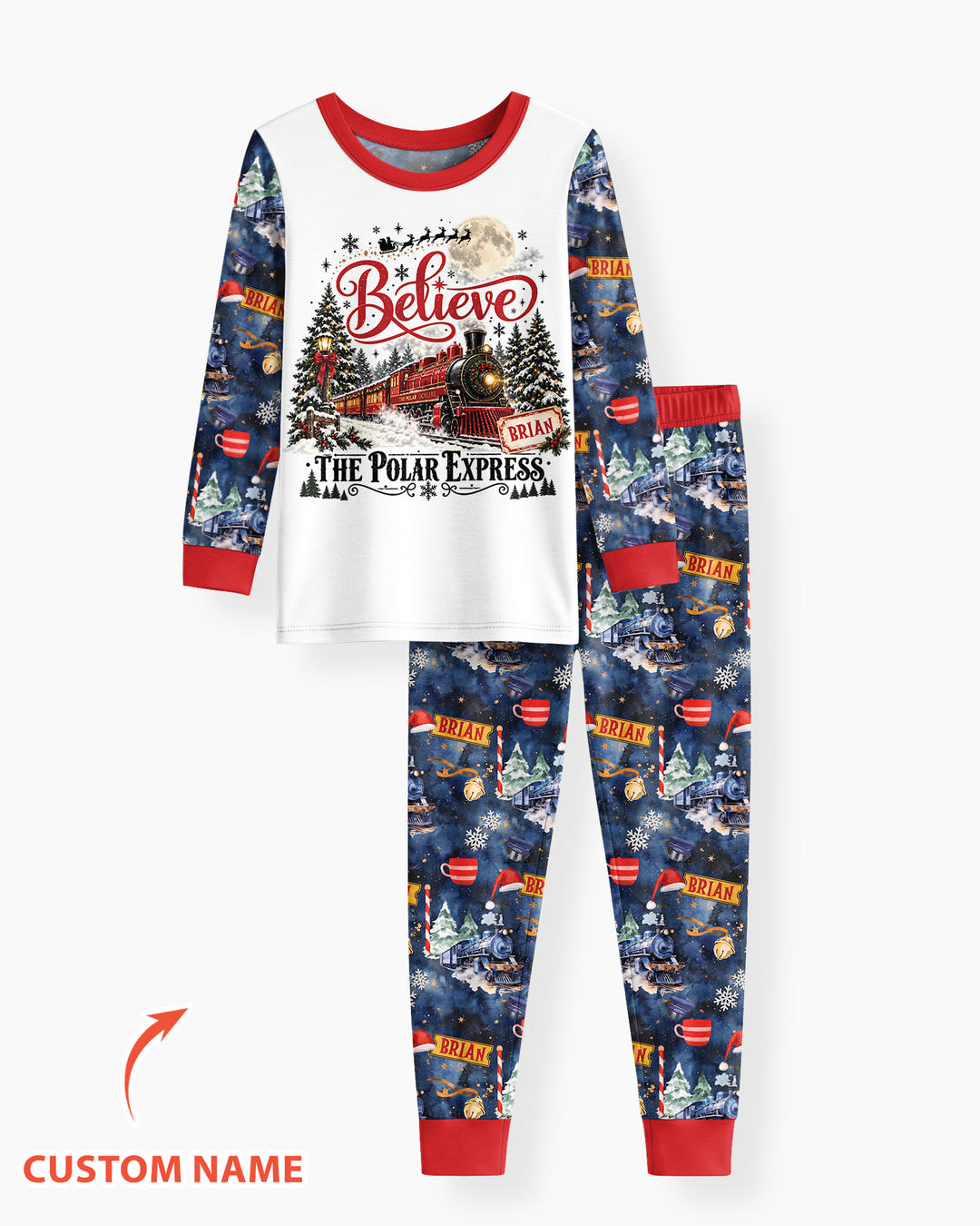 Believe North Pole Train Custom Name  Bamboo Two Piece Long Sleeve Pajama Set