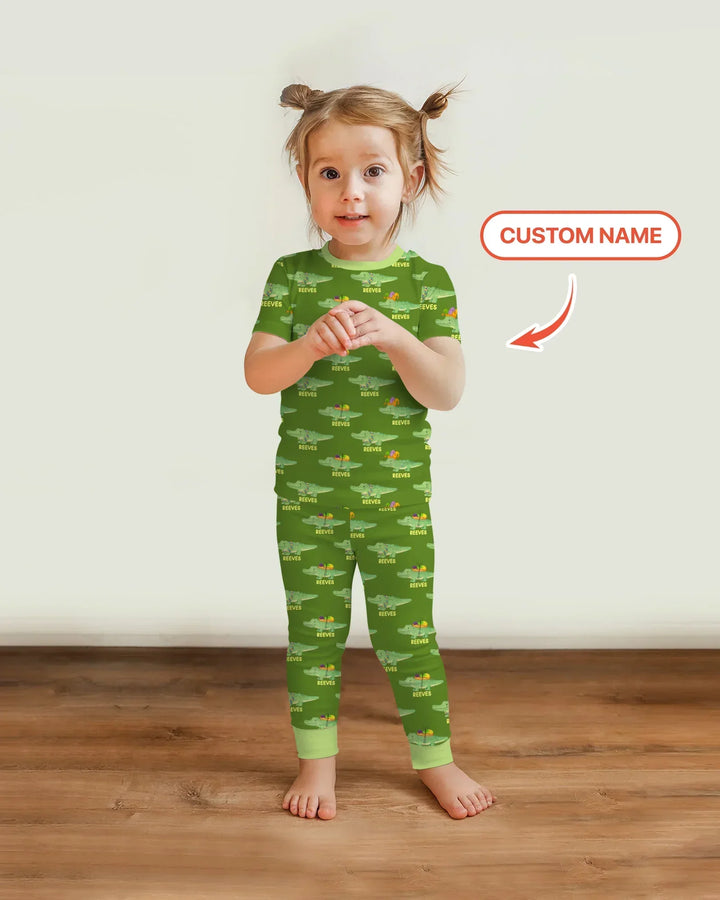 Custom Name Mardi Gras Gator Bamboo Two Piece Short Sleeve Pajama Set