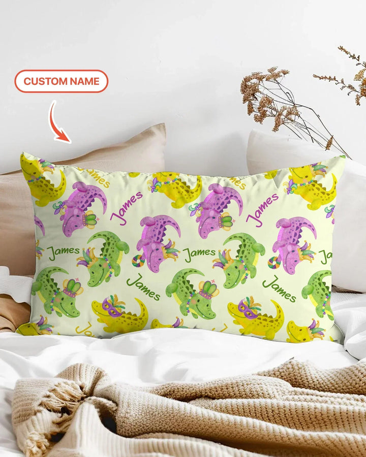 Custom Name Mardi Gras Alligator Bamboo Pillow Case
