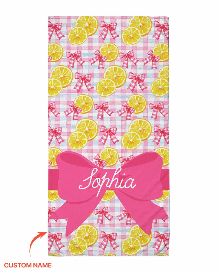 Custom Name Pink Lemons Bows Checkered Bamboo Beach Towel