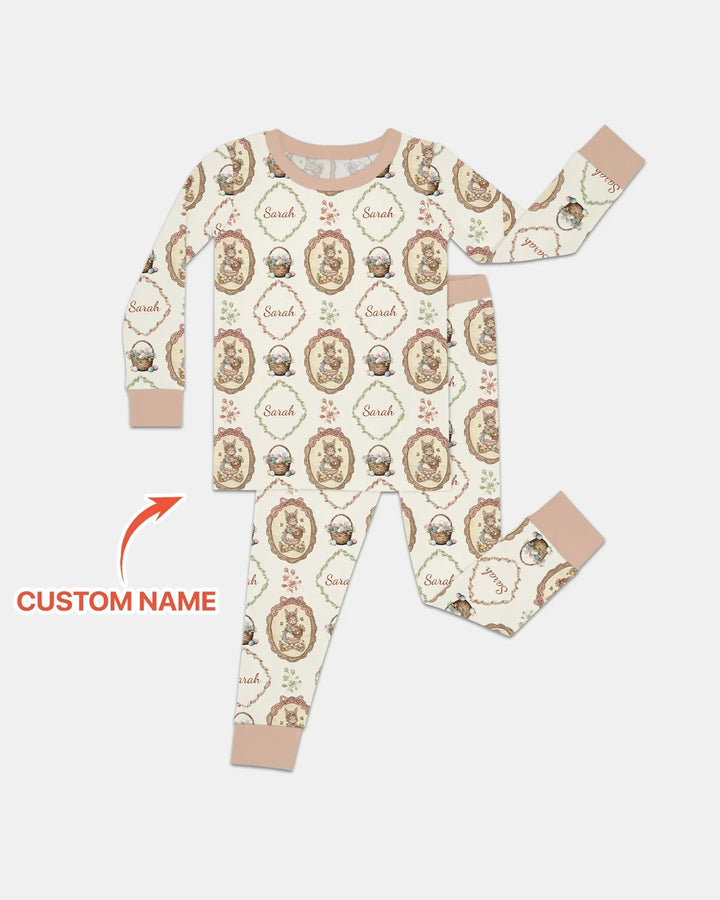 Vintage Bunny Easter Custom Name Mommy & Me Matching Bamboo Two Piece Long Sleeve Pajama Set
