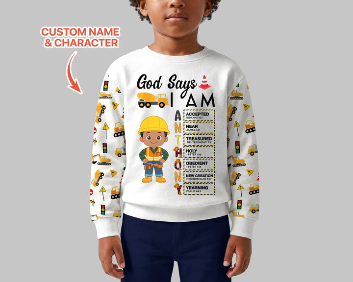 Custom Name God Says I Am Little Builder Letter in Bible Bamboo Crewneck Sweatshirt