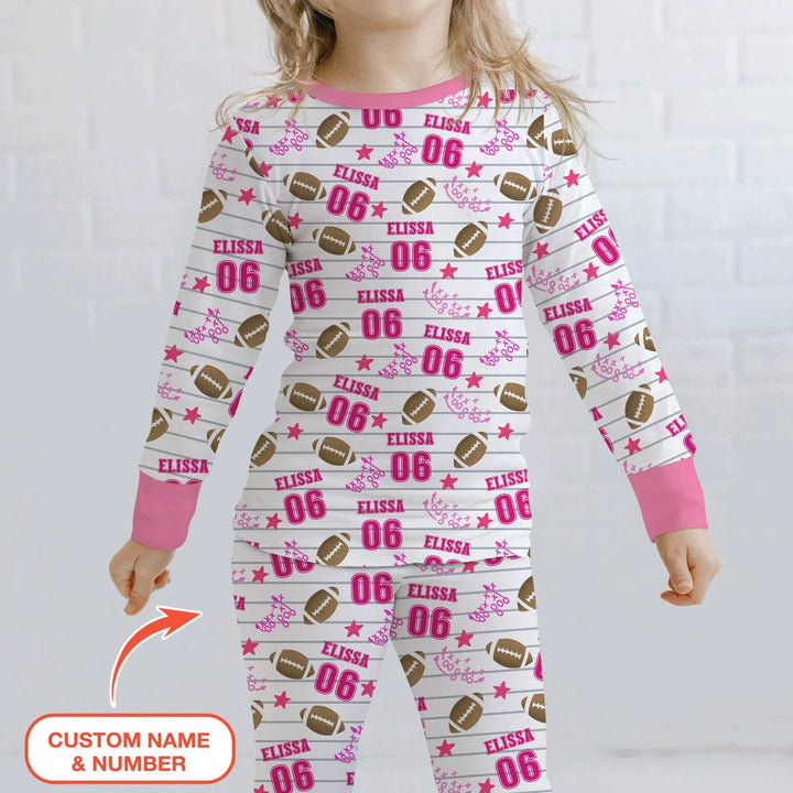 Custom Name Football Time Pink Bamboo Two Piece Long Sleeve Pajama Set