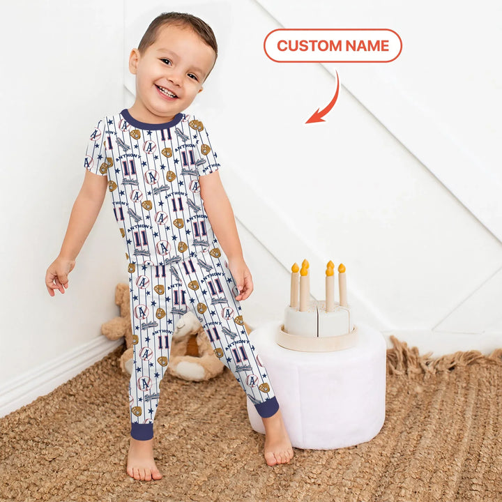 Custom Name Baseball Time Bamboo Two Piece Short Sleeve Pajama Set