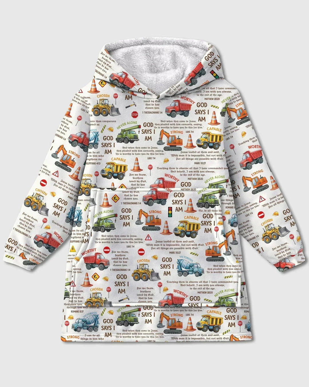 Bible Verse Construction Trucks Wearable Bamboo Blanket Hoodie