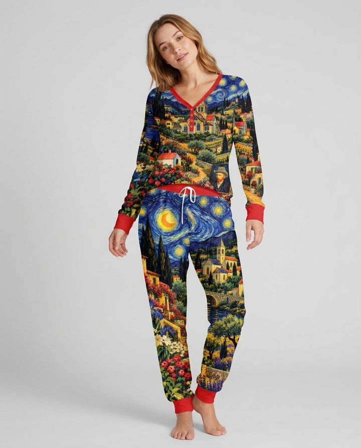 Night Sky Village Pattern Thin Bamboo Women Pajama Set