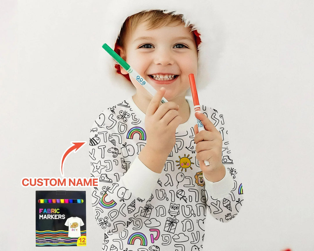 Hebrew Alphabet Colorable Bamboo Two Piece Long Sleeve Pajama Set