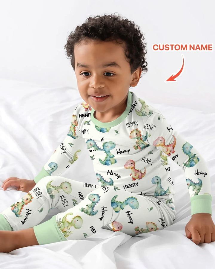 Dinosaur Custom Name Bamboo Two Piece Long Sleeve Pajama Set