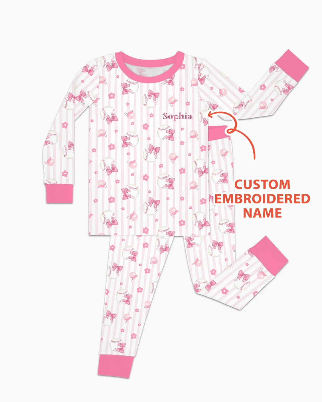Custom Embroidered Name Baseball Girl Bamboo Two Piece Long Sleeve Pajama Set