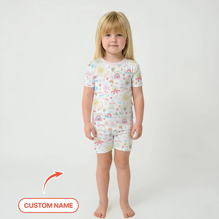 Custom Name Positive Spring Garden Bamboo Two Piece Short Sleeve Shorts Pajama Set