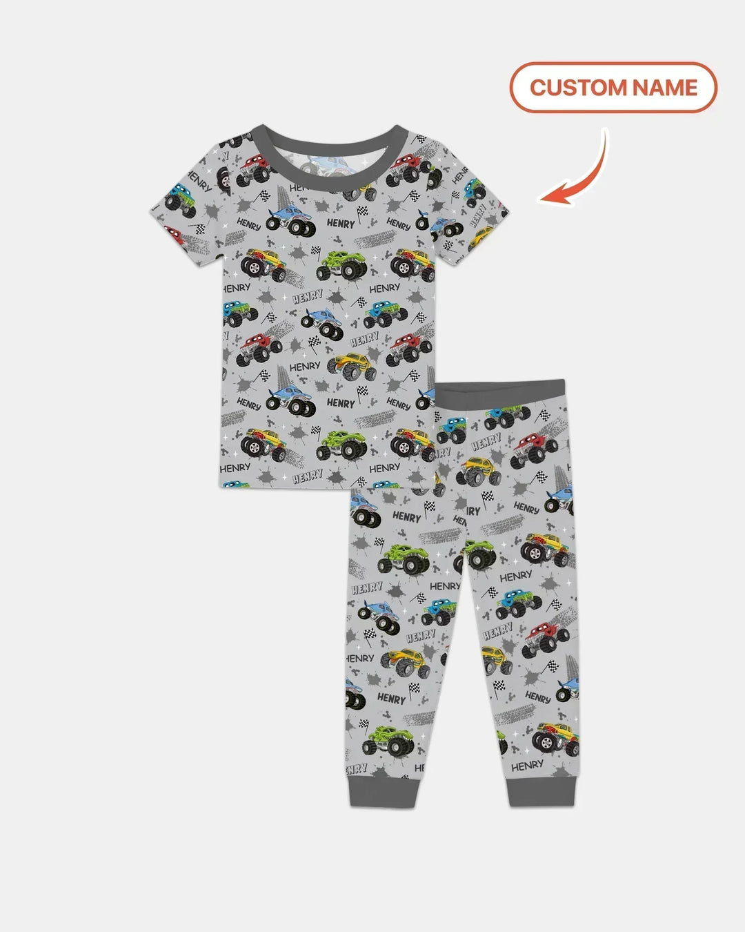Monster Truck Dirt Jam Custom Name Daddy & Me Matching Bamboo Two Piece Short Sleeve Pajama Set