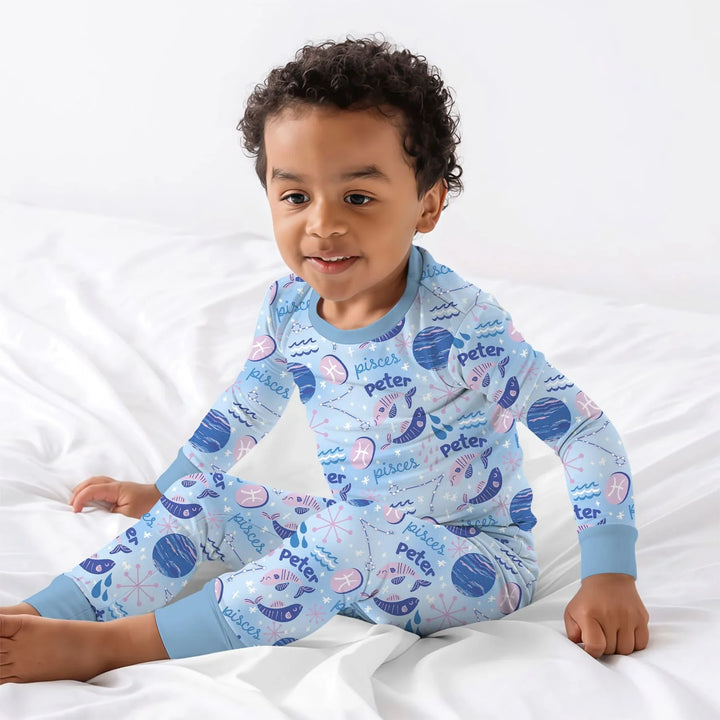 Custom Name Zodiac Pisces Bamboo Two Piece Long Sleeve Pajama Set
