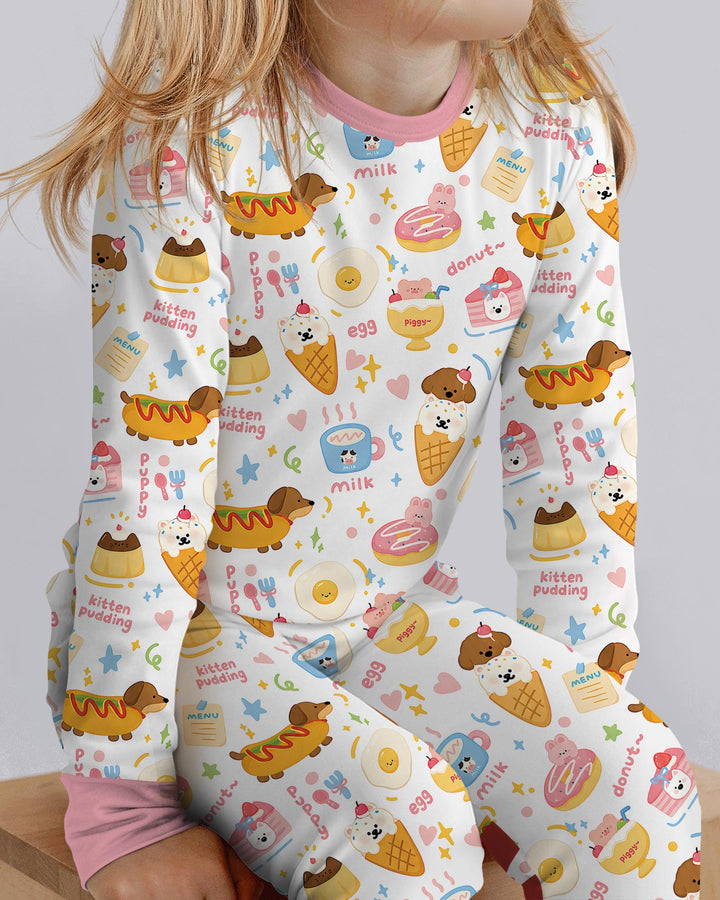 Cute Snack And Puppy Bamboo Two Piece Long Sleeve Pajama Set