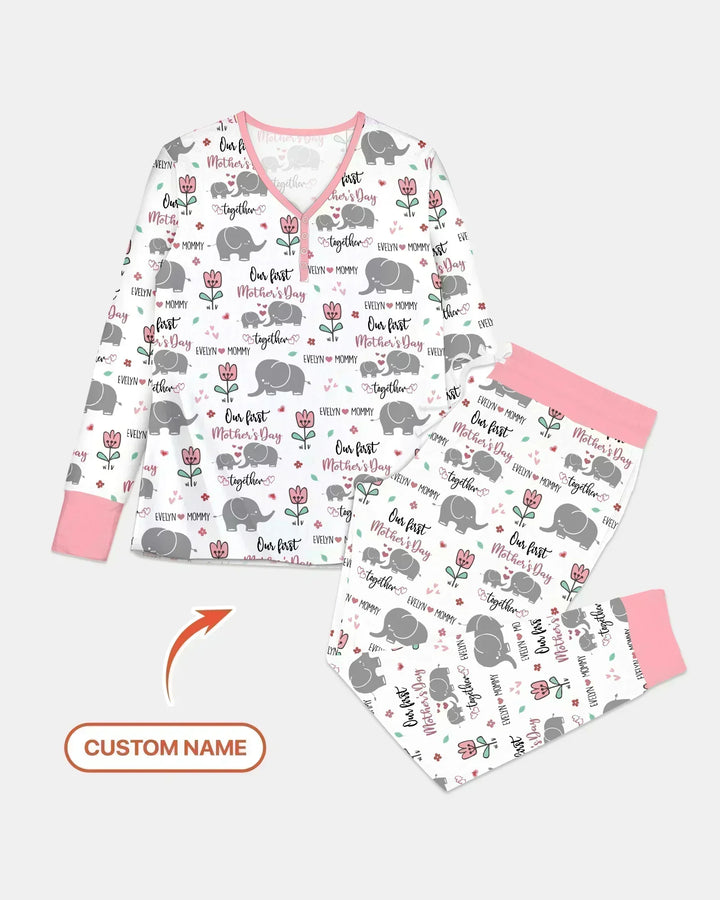Custom Name Elephant Our First Mother's Day Bamboo Women Pajama Set