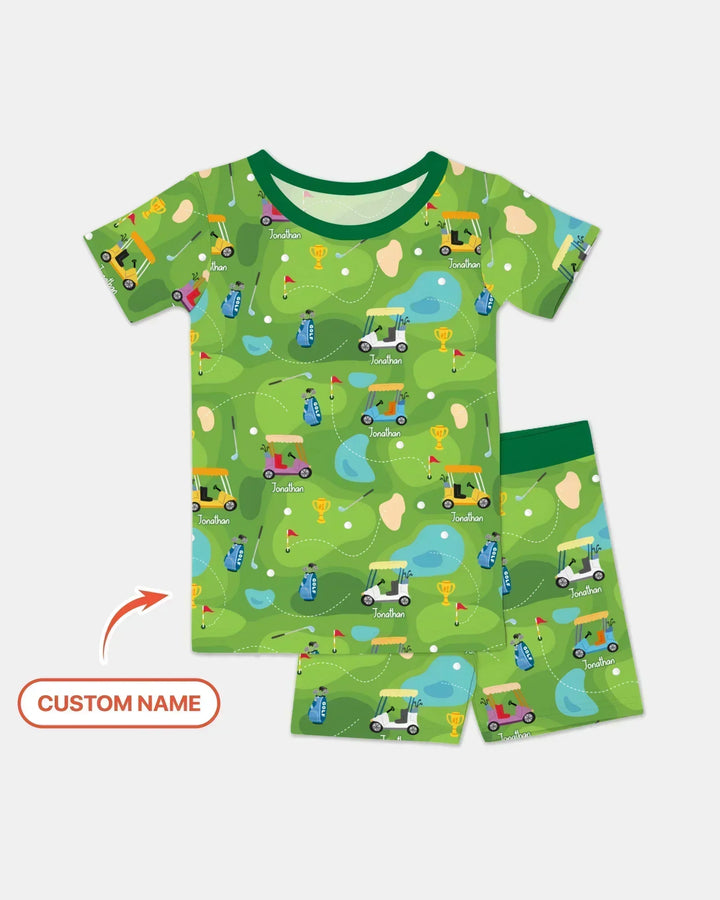Custom Name Golf Season Family Matching Bamboo Two Piece Short Sleeve Shorts Pajama Set