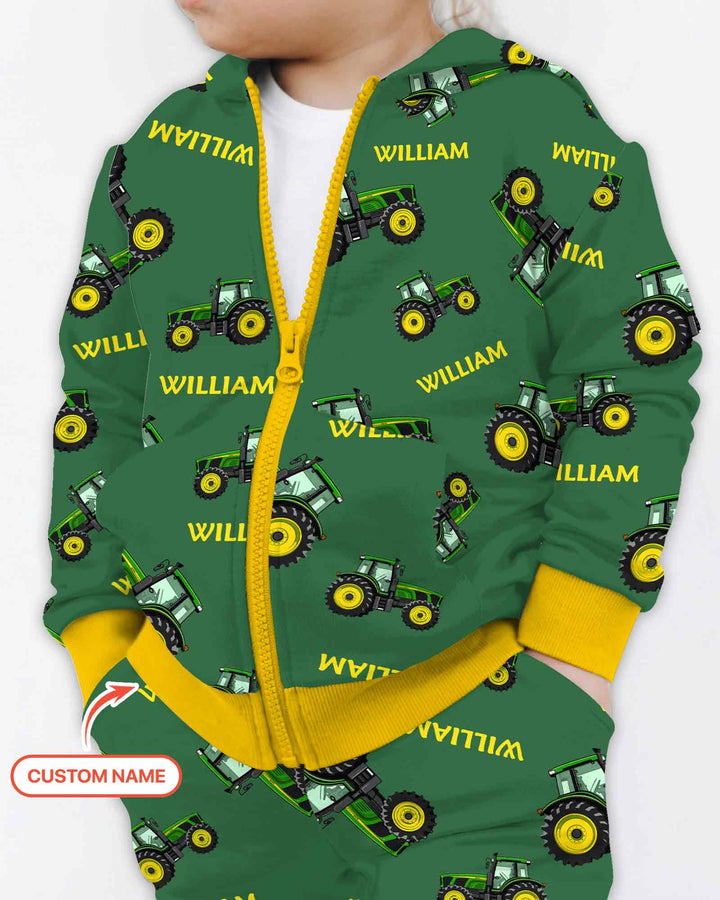 Custom Name Green Tractors Matching Daddy & Me Bamboo Zip Hoodie